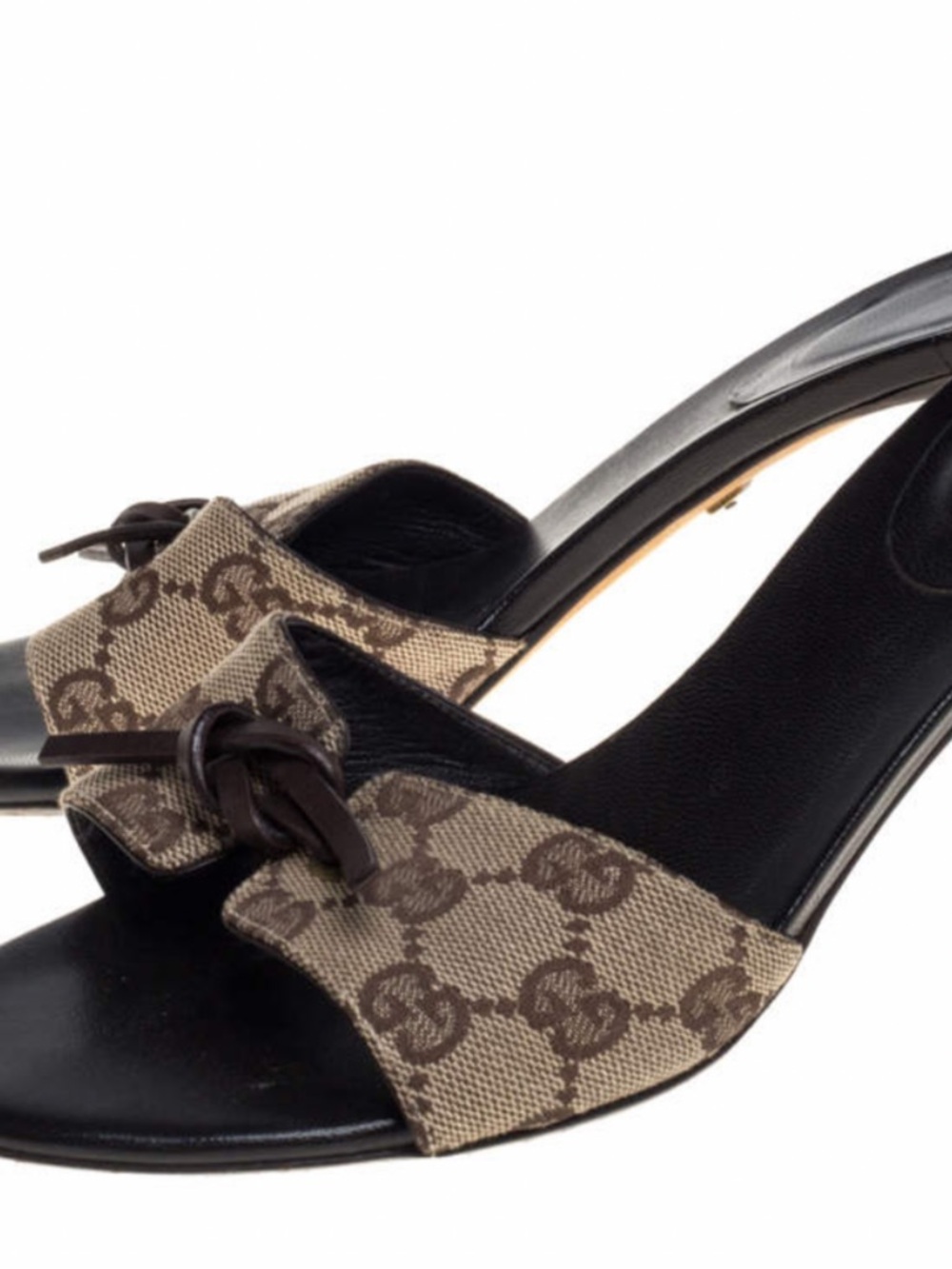 Gucci Brown Beige GG Bow Mule Heels - Picture 4 of 9